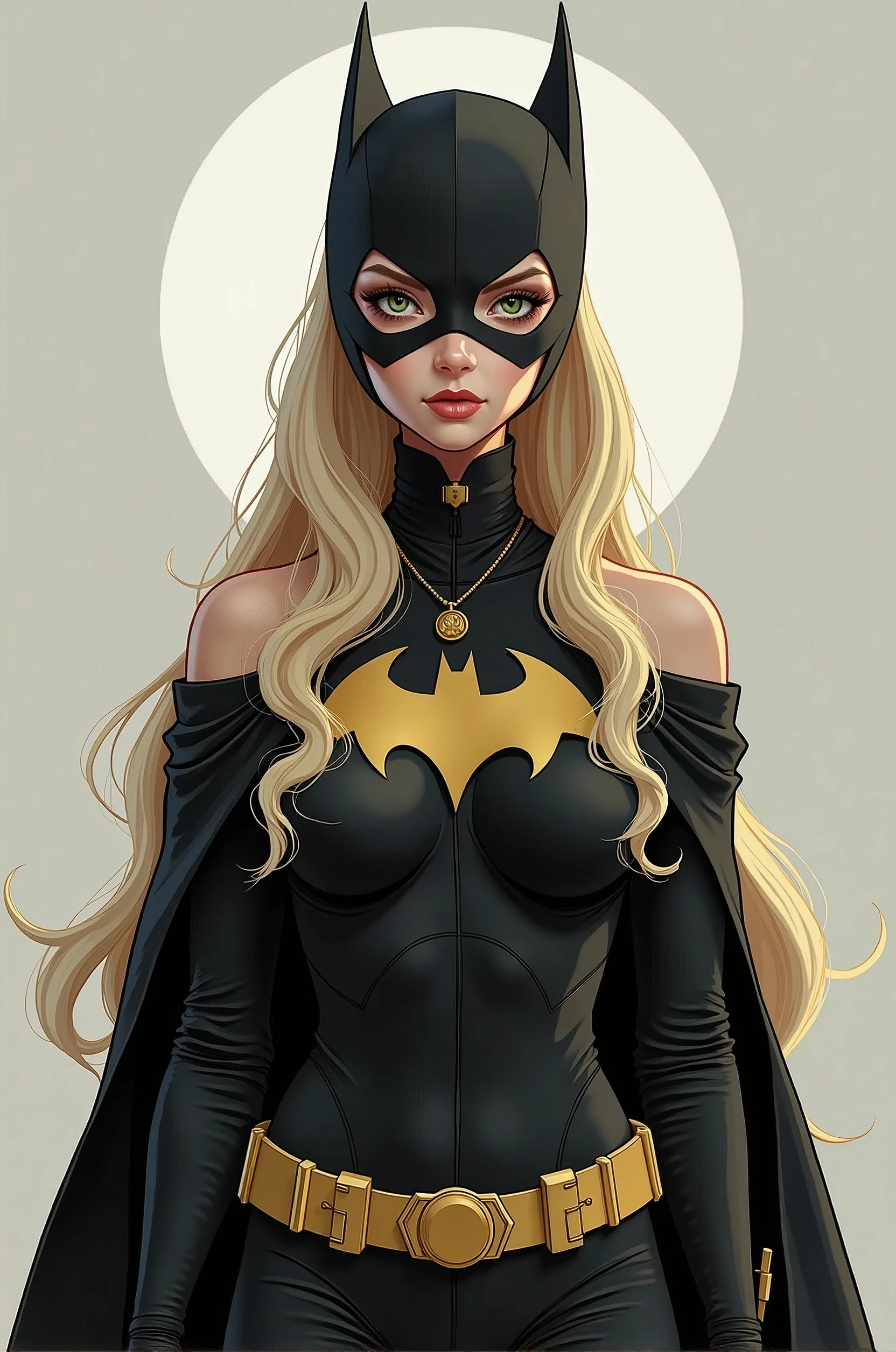 Batgirl from the batman comic, 1 girl in, 20 years, standing alone, long hair, Colossal, looking ahead at viewer, hair blonde, hair blonde, bare shoulders, green eyes, jewelry, all-body, a necklace, off the shoulders, Sweaters, realistic, A sexy, big boobies, batgirl superheroes full clothes, black and white