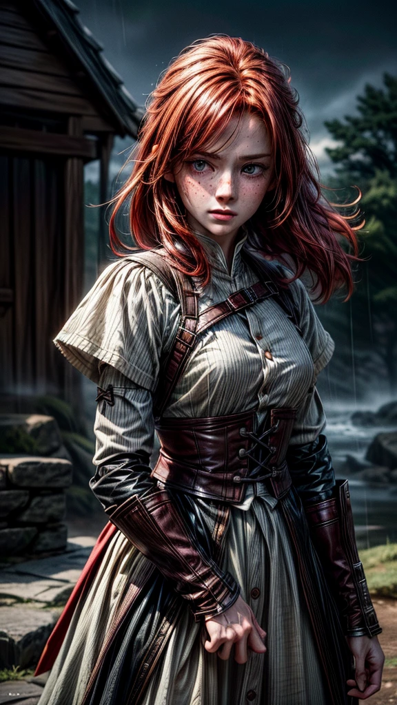 (1 redhead girl with freckles) Fighting against (1 handsome black haired boy) , battle of swords, in the rain , best quality impactful scenery.(19th century clothing). turbulent background. best qualityer, atemporal. detaileds no movimento. Action, (detaileds), beautiful face, QUALITY IMAGE, 8k.