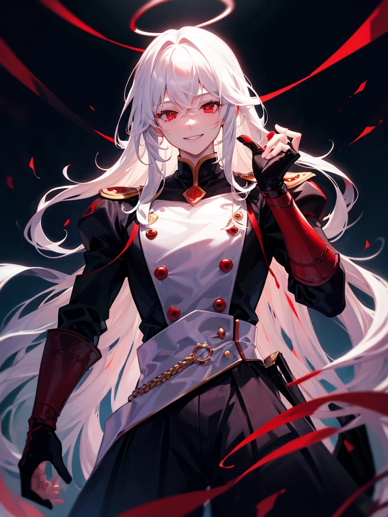 man, red eyes, white long wavy hair, cool man. sadistic smile. like a prince. boy