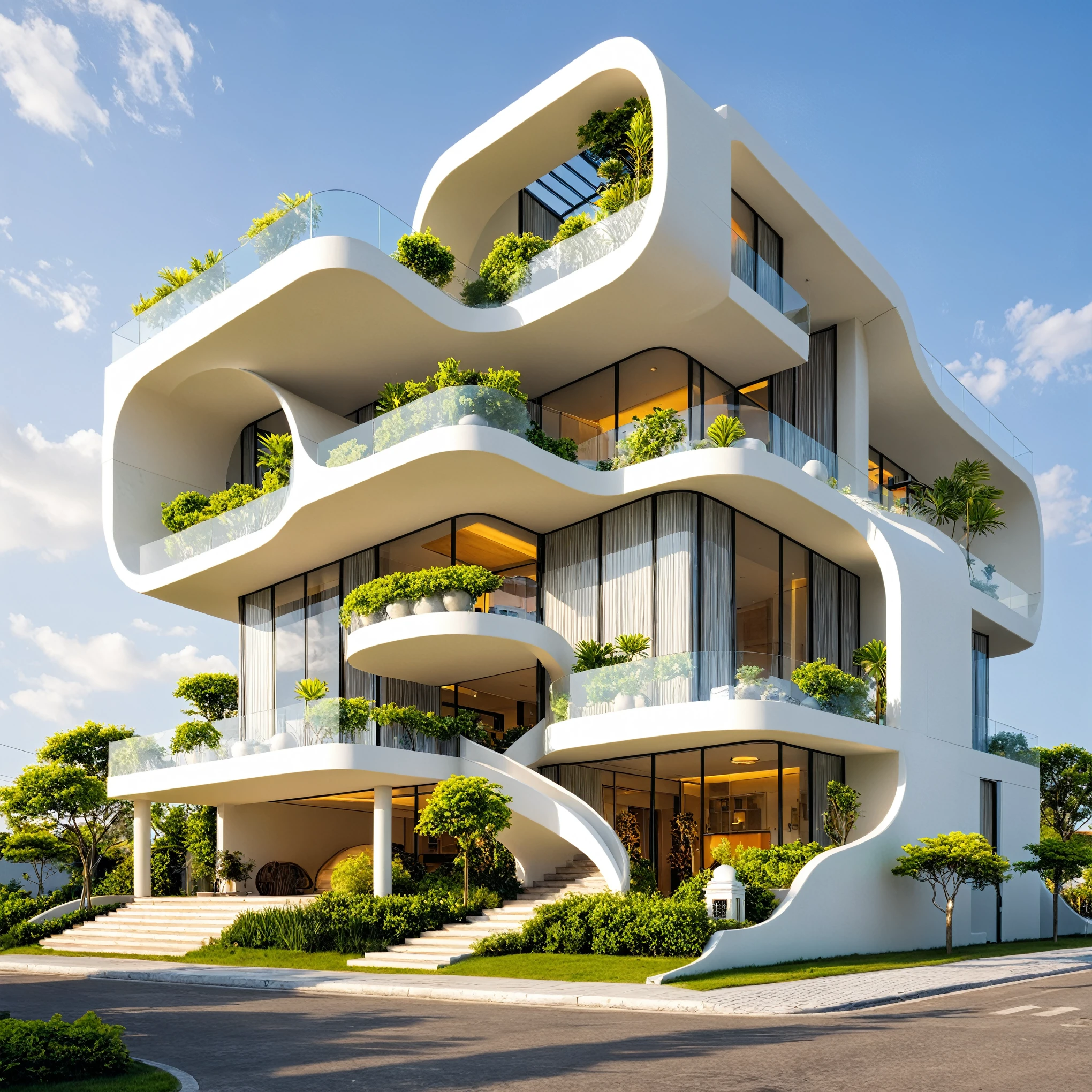 Boss of'ouvrages d'art, high quality, best quality, authentique, Great detail, En plein air, plain-piedVilla XL, groupe, style de maison moderne dans la rue ,stairs, white wall ,road,pavement, grass, trees, sky, clouds, (day light:1.1)