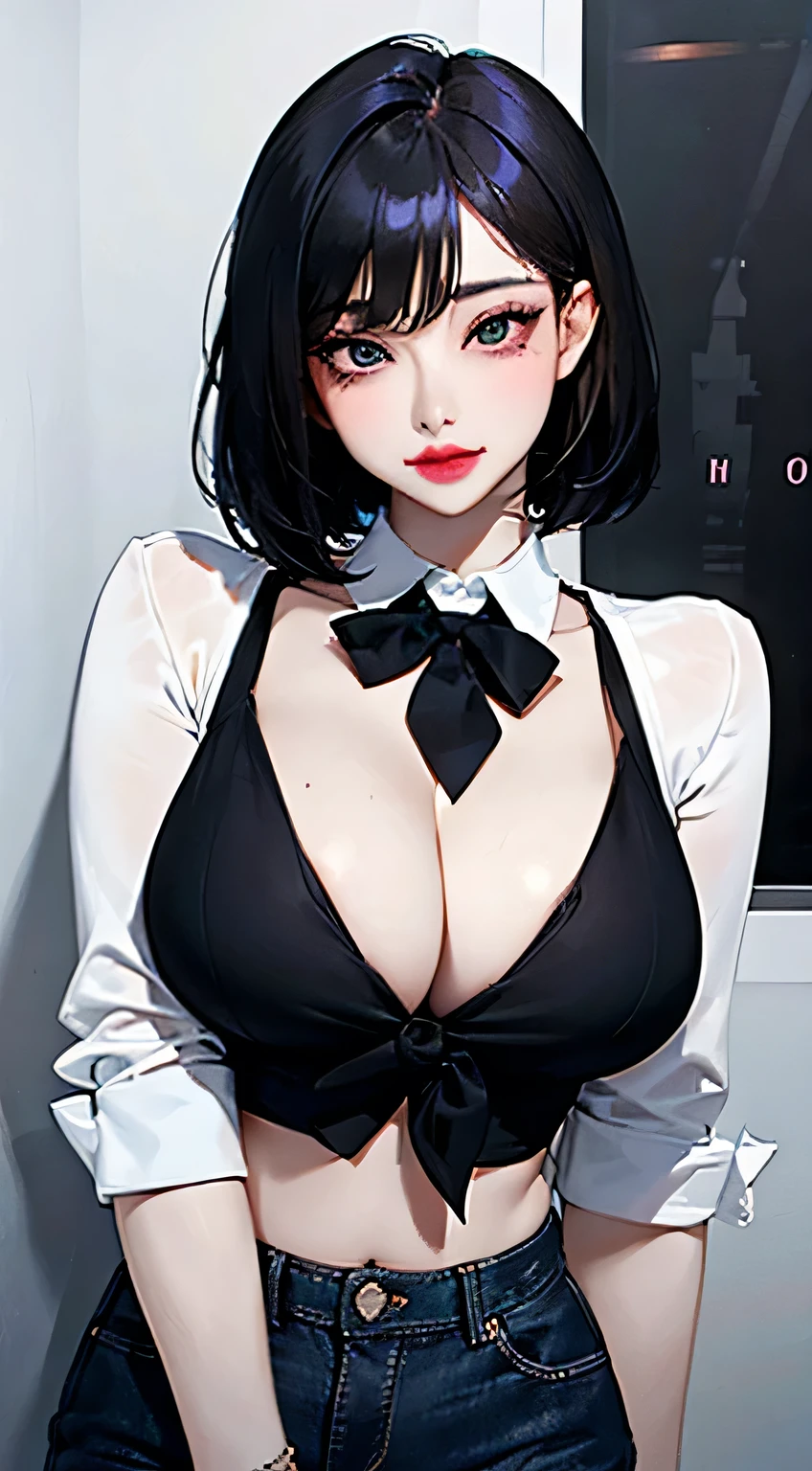 Amazing portrait of a sexy woman with a beautiful face with lots of makeup with smokey eyeliner showcasing her seductive eyes and red lips parted seductively having short black hair in bob style styled with a black Fedora wearing a unbuttoned white shirt tied in the middle showcasing her medium chest with cleavage and her midriff styled with a blue and white tie and denim black short shorts posing seductively