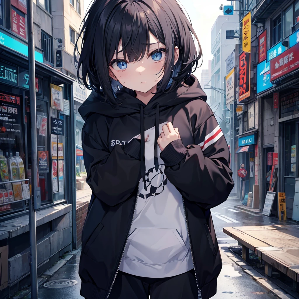 One woman,((Black hoodie, feeling anxious,Sweat)) have,Signboard with writing,Help text background(Black) White Hair,Short Bob,blue eyes