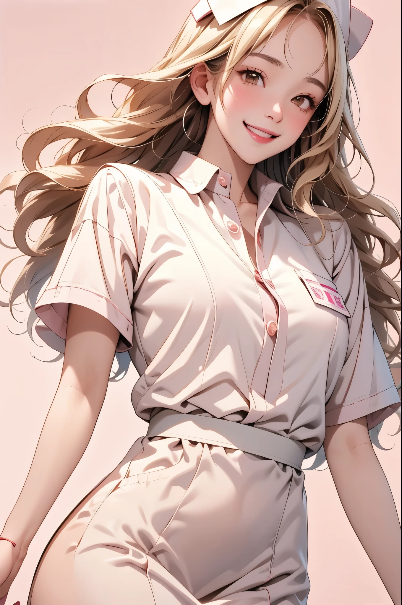 high resolution,smile,happy,light smile,woman,woman1人,adult,Clear,cute, blunt bangs,Blonde Hair,BREAK, Brown eyes,BREAK,wavy hair,long hair,BREAK, ((looking at viewer)), Nurse uniform,Nurse cap,BREAK,Facing forward,BREAK,Pink background,