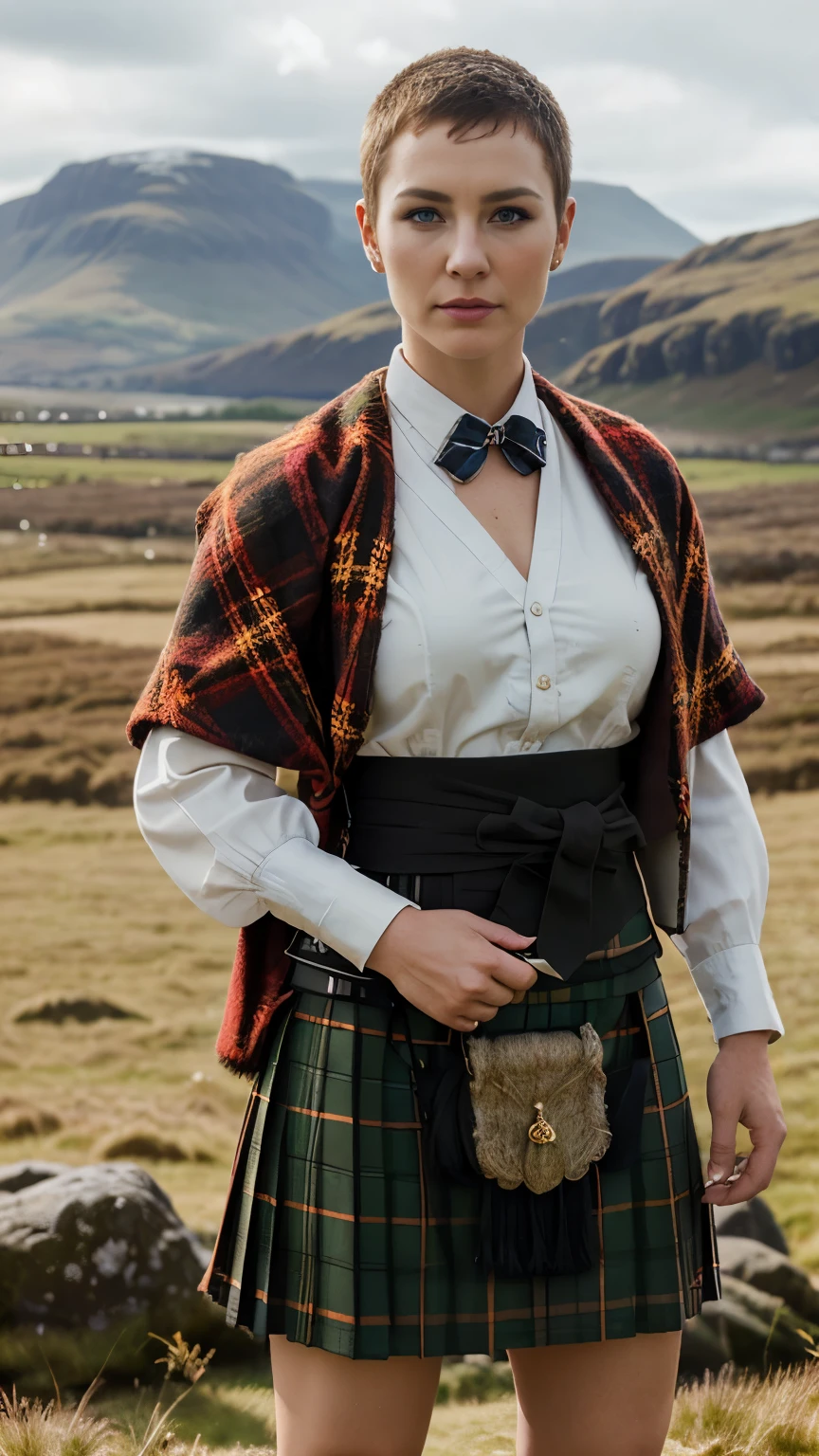 Her name Catherine Bond, Code Name 007, karate and judo hold Black Obi ,Scott-land-yard, MI-6 member, Front view, (looking at viewer:1.3), Scottish woman, 30 years-old, (blond hair , blue eye, buzz cut, serious),A beautiful Scottish woman wearing traditional Highland dress, including a tartan kilt and accessories like a sporran and sash, standing in a picturesque Scottish landscape. The scene should highlight the elegance and cultural richness of Scottish heritage, ((super detail, high details, high quality, accurate, anatomically correct, textured skin, beautiful fingers super detail, high details, high quality, best quality))