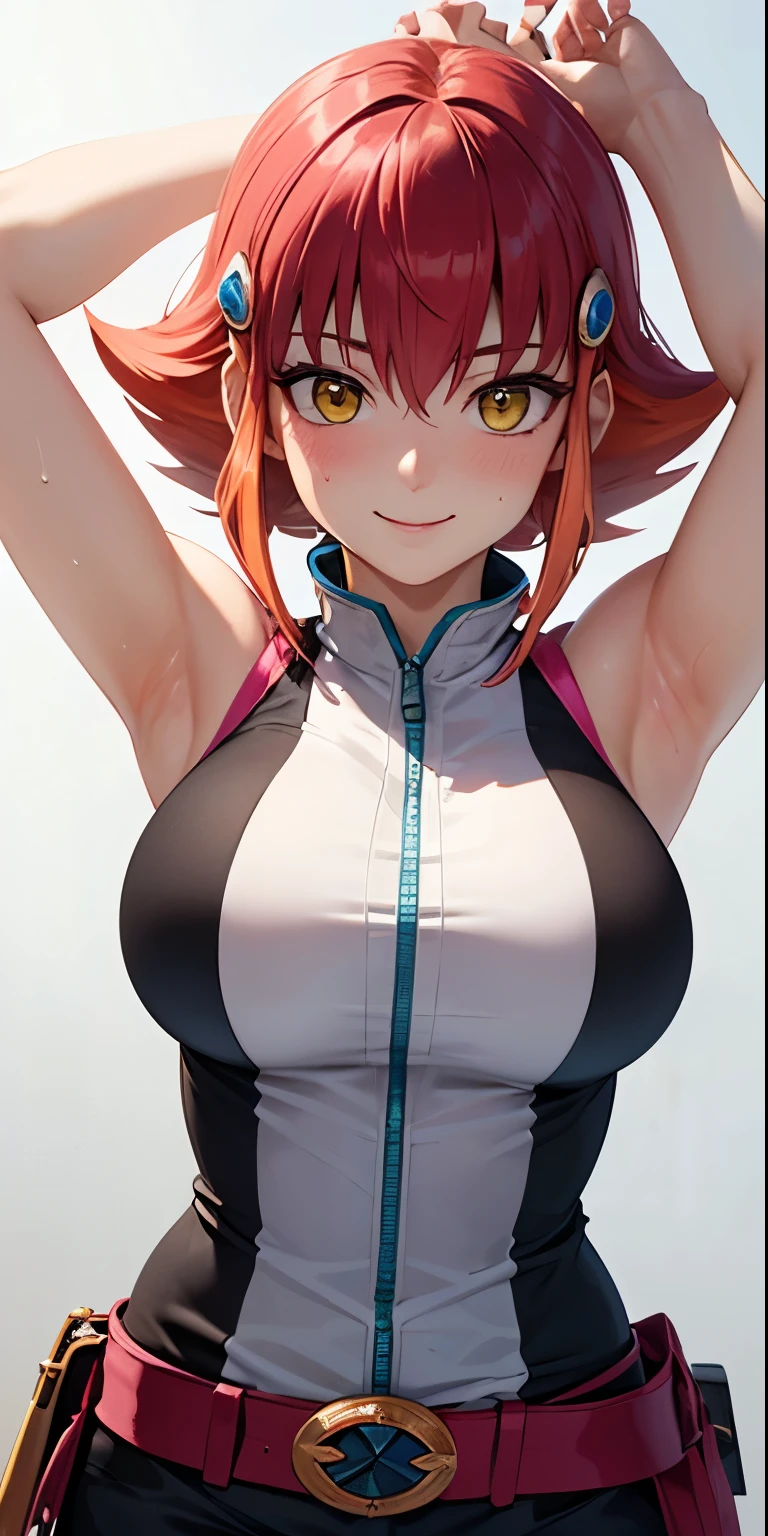 1 Female,High definition,high resolution,Ultra-realistic,8K, Annadef, multicolored hair, two-tone hair, hair ornament, yellow eyes, short hair, pink hair, red hair, orange hair, large breasts, breasts, smile, 
shorts, sleeveless, belt, black shorts, bike shorts,European,sexy,Upper body close-up,Photographed from the front,Dynamic Angles,blush, medium tits, happy, wink the eye,facial, sweat,multicolored hair ,  arms up,arms together 