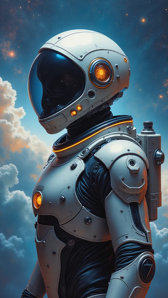 In this mesmerizing oil painting, we encounter a majestic deep space explorer. The main subject is a futuristic, humanoid figure adorned in a sleek, metallic spacesuit, with glowing visor and intricate circuitry visible on the helmet. The image is a meticulously detailed painting, capturing the explorer in the vast emptiness of outer space, surrounded by swirling nebulas and distant galaxies. The artist's deft brushstrokes bring the scene to life, vividly depicting the explorer's sense of awe and wonderment as they navigate the unknown. This high-quality image immerses the viewer in the grandeur of space exploration, evoking a sense of both mystery and excitement.