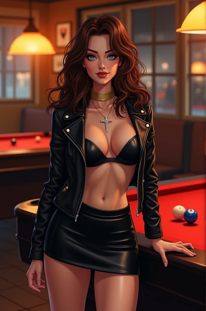 high resolution, work of art, 4K, 1 light skinned woman, fine strokes, half-open lips, legs thick, Waist slender, neck length wavy brown hair, blue colored eyes, confident look and mischievous smile, (perfekt teeth). She is dressed in a black leather jacket and a bra., with a thick golden choker with a diamond crucifix, with a short black leather skirt. She's in a bar, orange light, next to a pool table