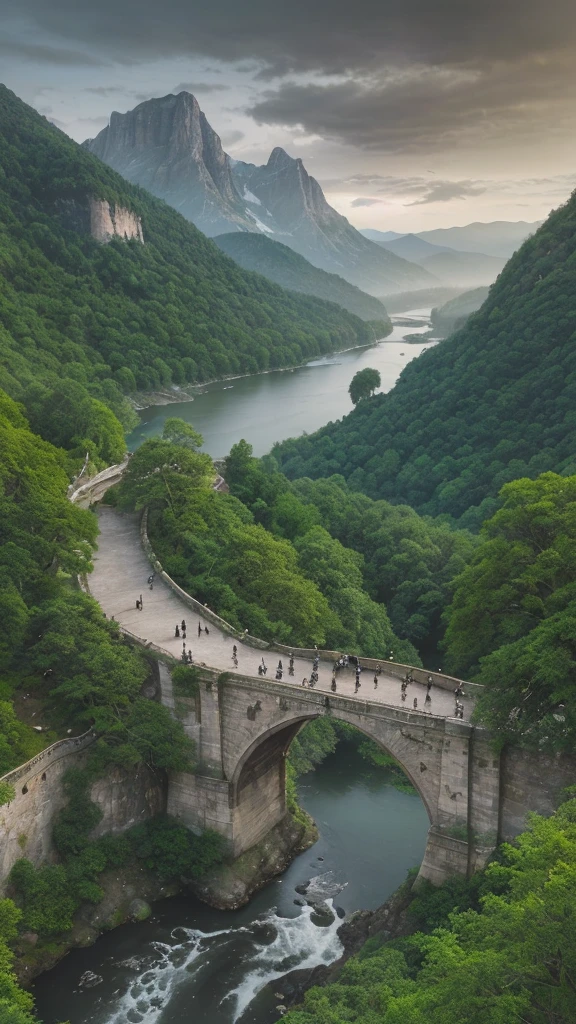 A breathtaking, realistic mountain landscape with an exquisite piece of historical architecture standing at the edge of a cliff, overlooking a stunning view. Between two majestic mountains, a beautiful, ancient bridge spans across, adding a touch of historical charm to the scene. The weather is pleasantly cool, with the atmosphere slightly dark, giving a mysterious and serene vibe. A serene river flows between the mountains, reflecting the lush greenery and vibrant plant life surrounding it. Everywhere you look, trees and plants thrive, creating a picturesque and tranquil atmosphere that captures the essence of natural beauty and historical elegance.