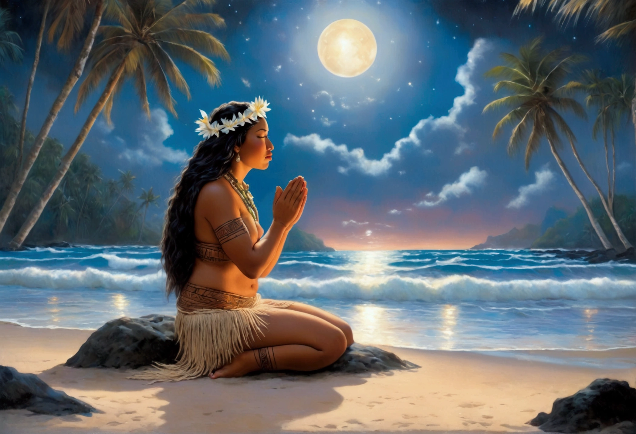 A lovely scantily clad woman (samoan) prays for fertility at a serene beach. A translucent goddess floats above the water and listens to her prayer. Moonlit confession