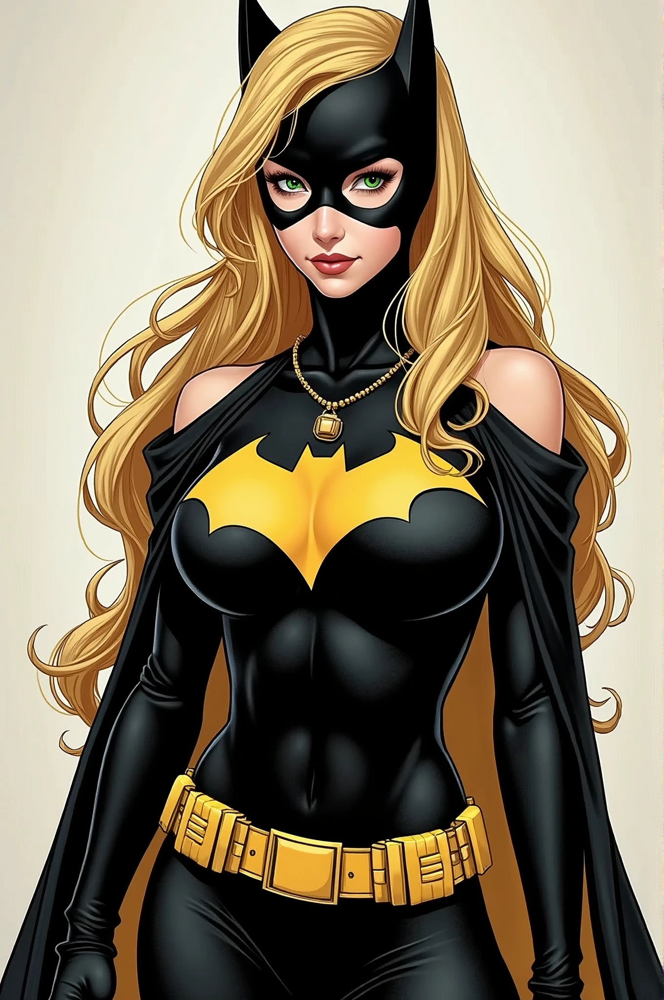 Batgirl from the batman comic, 1 girl in, 20 years, standing alone, long hair, Colossal, looking ahead at viewer, hair blonde, hair blonde, bare shoulders, green eyes, jewelry, all-body, a necklace, off the shoulders, Sweaters, realistic, A sexy, big boobies, batgirl superheroes full clothes, black and white