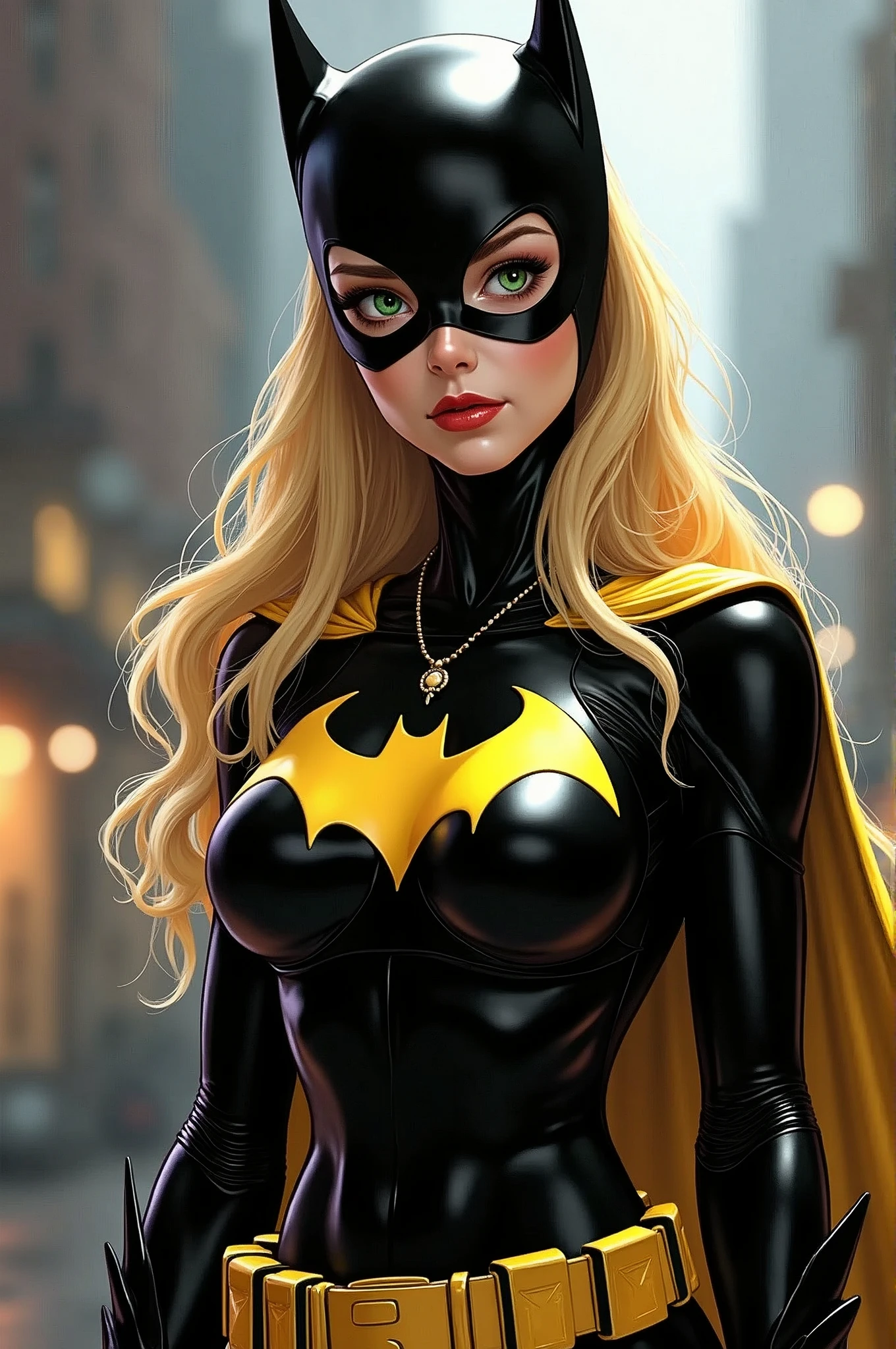 Batgirl from the batman comic, 1 girl in, 20 years, standing alone, long hair, Colossal, looking ahead at viewer, hair blonde, hair blonde, bare shoulders, green eyes, jewelry, all-body, a necklace, off the shoulders, Sweaters, realistic, A sexy, big boobies, batgirl superheroes full clothes, black and white