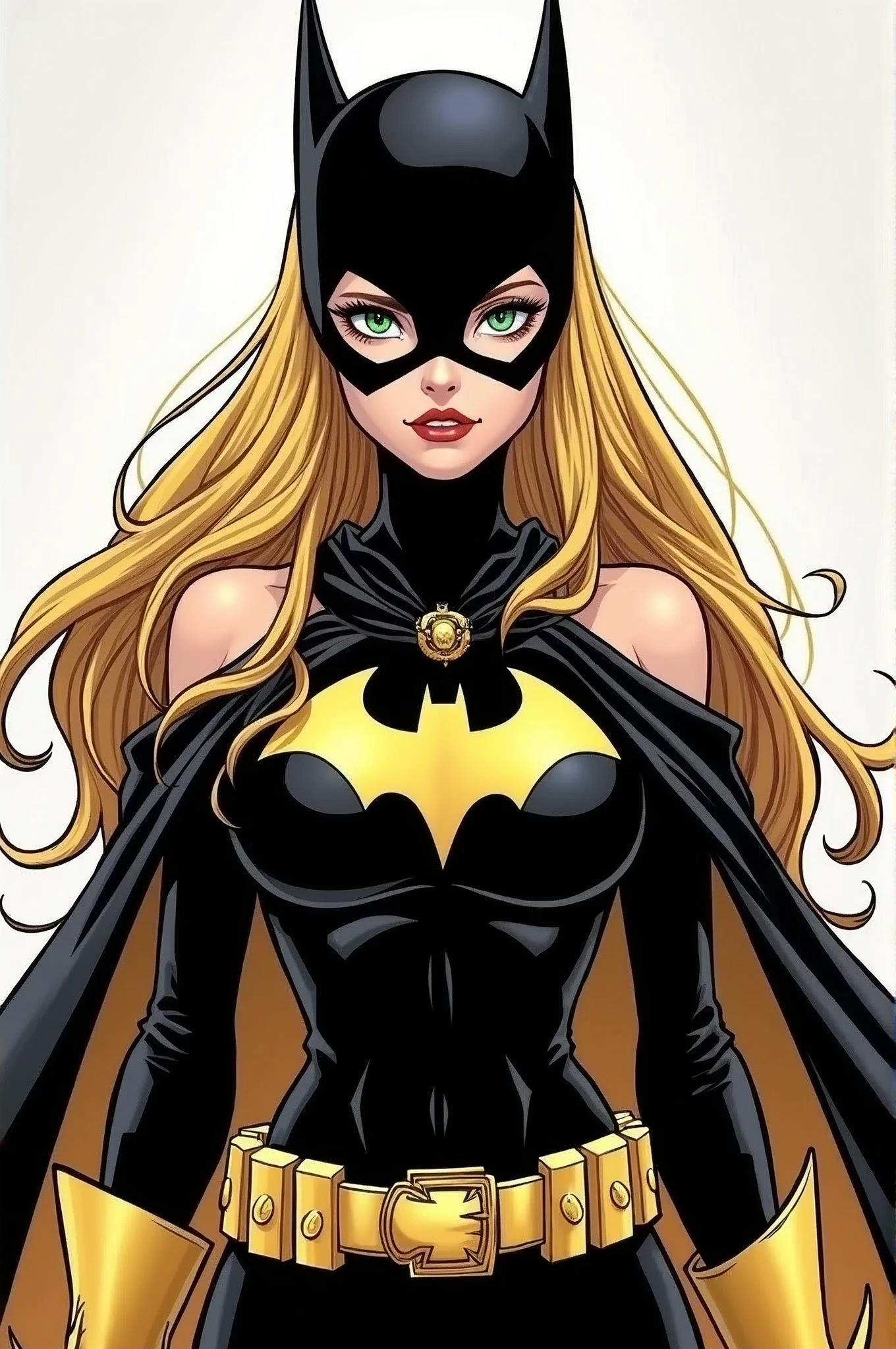 Batgirl from the batman comic, 1 girl in, 20 years, standing alone, long hair, Colossal, looking ahead at viewer, hair blonde, hair blonde, bare shoulders, green eyes, jewelry, all-body, a necklace, off the shoulders, Sweaters, realistic, A sexy, big boobies, batgirl superheroes full clothes, black and white