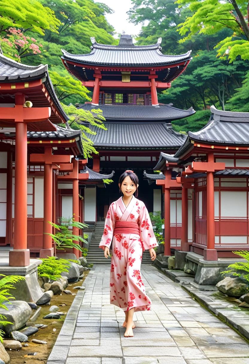 photoRealstic、The Girl Who Turned Around、Clothing product samples、kawaii、A smile、Eye color contacts、accessorized、full body Esbian、Walking、summer、Kinkakuji Temple in Kyoto