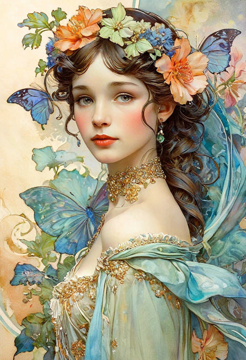Depicting a beautiful woman with flowers in her hair, (Audrey Hepburn:0.8), Highly detailed watercolor, The Style of Alphonse Maria Mucha and Gustave Kielmuth, Art Nouveau accents, Fairy tale princess, Anthropomorphic woman, Female image, Detailed cover design, As a flower god, Alphonse Mucha, by Gustav Klimt, Pale skin, Marble Sculpture, society, Gothic art, Art Nouveau, Winner of the Behance competition
