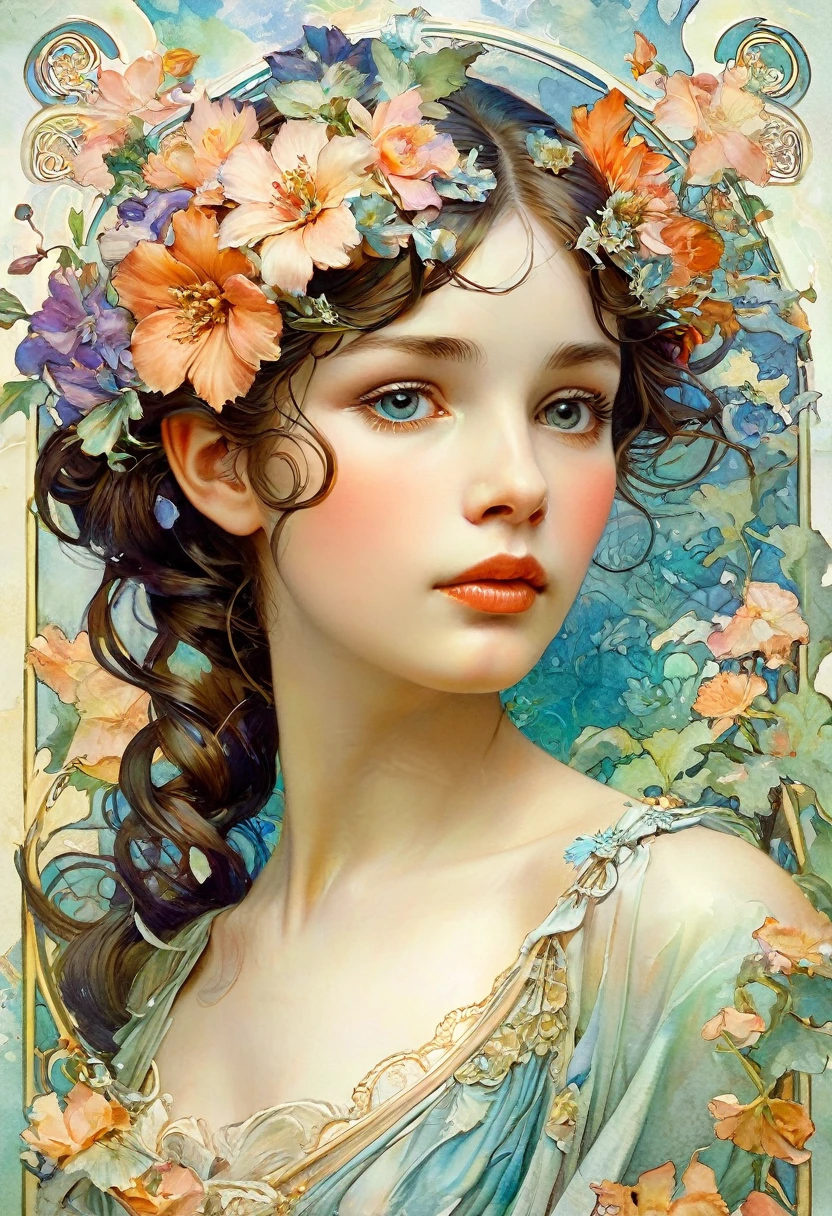 Depicting a beautiful woman with flowers in her hair, (Audrey Hepburn:0.8), Highly detailed watercolor, The Style of Alphonse Maria Mucha and Gustave Kielmuth, Art Nouveau accents, Fairy tale princess, Anthropomorphic woman, Female image, Detailed cover design, As a flower god, Alphonse Mucha, by Gustav Klimt, Pale skin, Marble Sculpture, society, Gothic art, Art Nouveau, Winner of the Behance competition