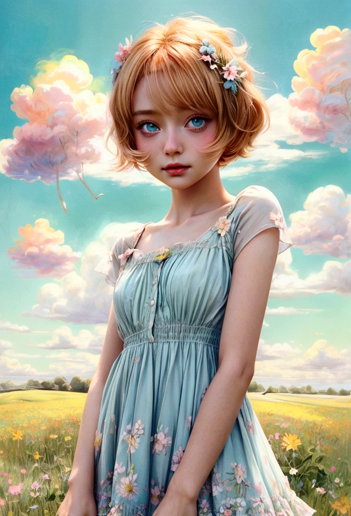 Beautiful woman standing in a flower field wearing a short dress_Fine details of delicate features, orange blonde short hair_Delicate explanation, Colorful and rich fantasy clothing, bright and soft colors, chassis, Colorful pastels, cute colorful lovely, vivid fantasy style, soft and cute colors, Bright pastel colors, Zia, Bright pastel colorss, sakimichan hdri, gradient pastel green, Vibrant pastel colors, blue sky, white cumulus clouds, (masterpiece, best quality:1.2), 1 girl, , big eyes, fluffy hair, happiness, grassland, Green style background，