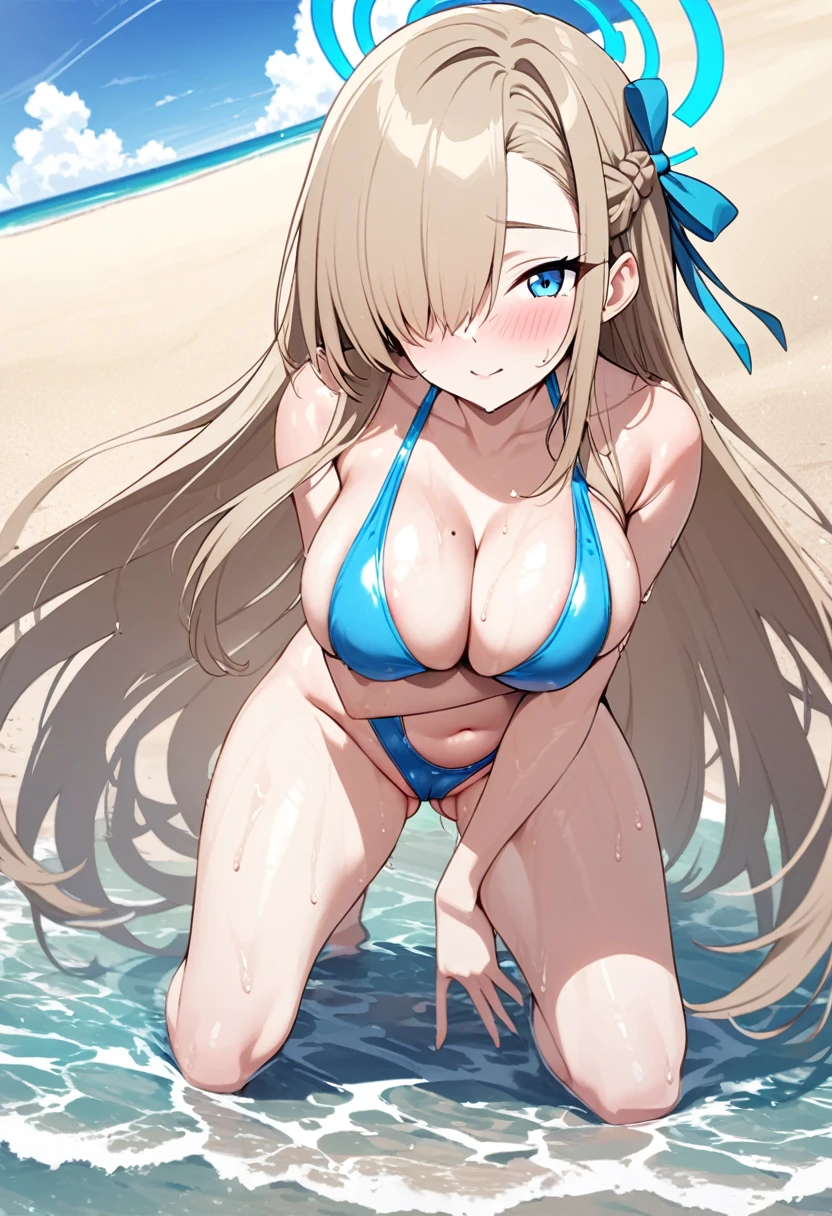 score_9, score_8_up, score_7_up, score_6_up, best quality, source_anime, game cg, (aoi nagisa:1.2), BREAK solo, 1girl, koukawa asuka, brown hair, long hair, blue eyes, bangs, (huge breasts:0.8), slingshot swimsuit, shiny skin, BREAK smile, blush, open mouth, outside, beach,