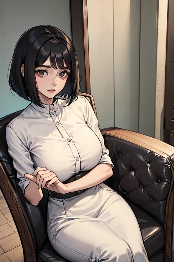 A gentle and timid-looking woman in her 30s, with a soft bob haircut and black hair. She exudes a warm and calm presence fuller figure