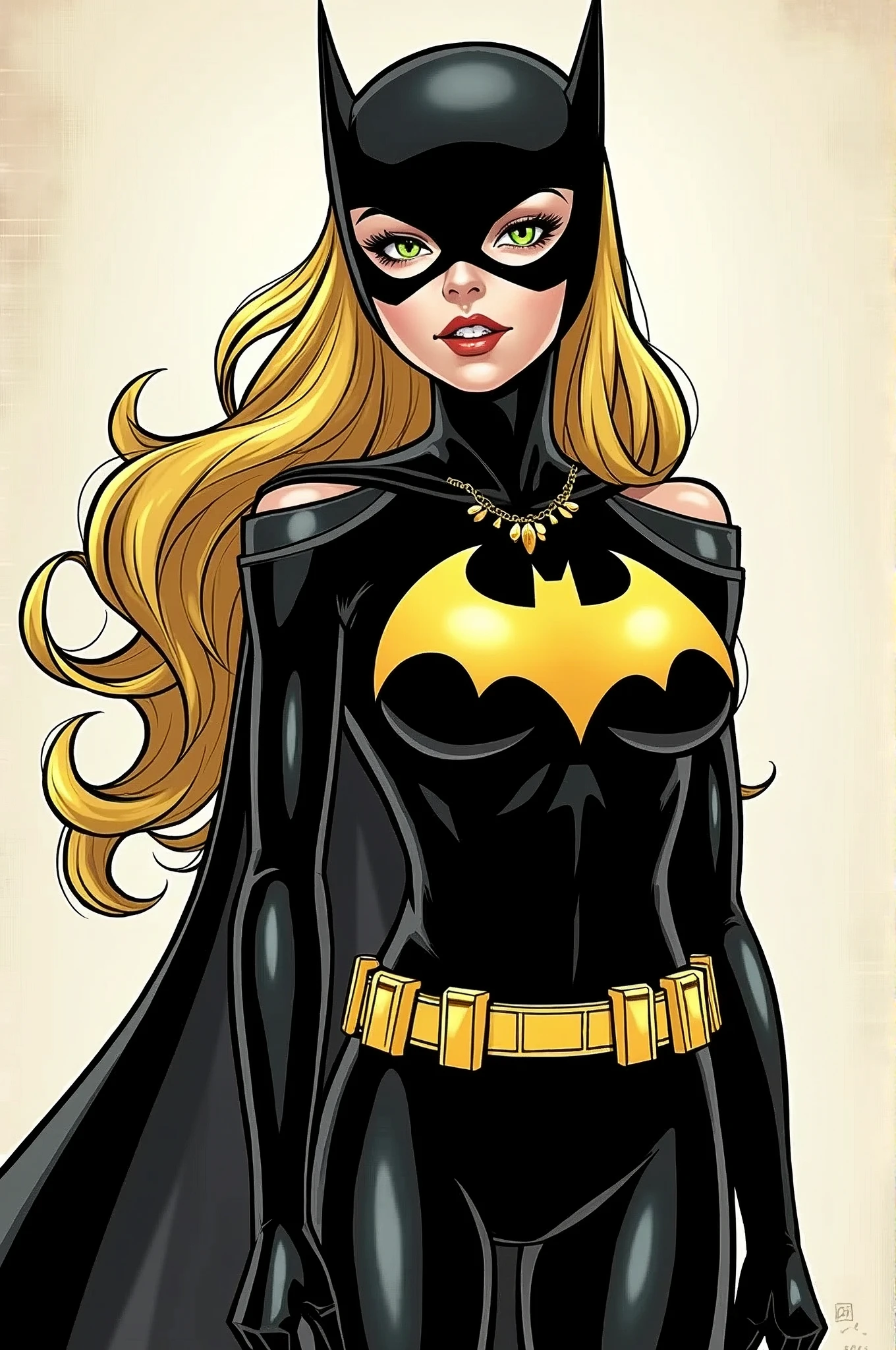 Batgirl from the batman comic, 1 girl in, 20 years, standing alone, long hair, Colossal, looking ahead at viewer, hair blonde, hair blonde, bare shoulders, green eyes, jewelry, all-body, a necklace, off the shoulders, Sweaters, realistic, A sexy, big boobies, batgirl superheroes full clothes, black and white