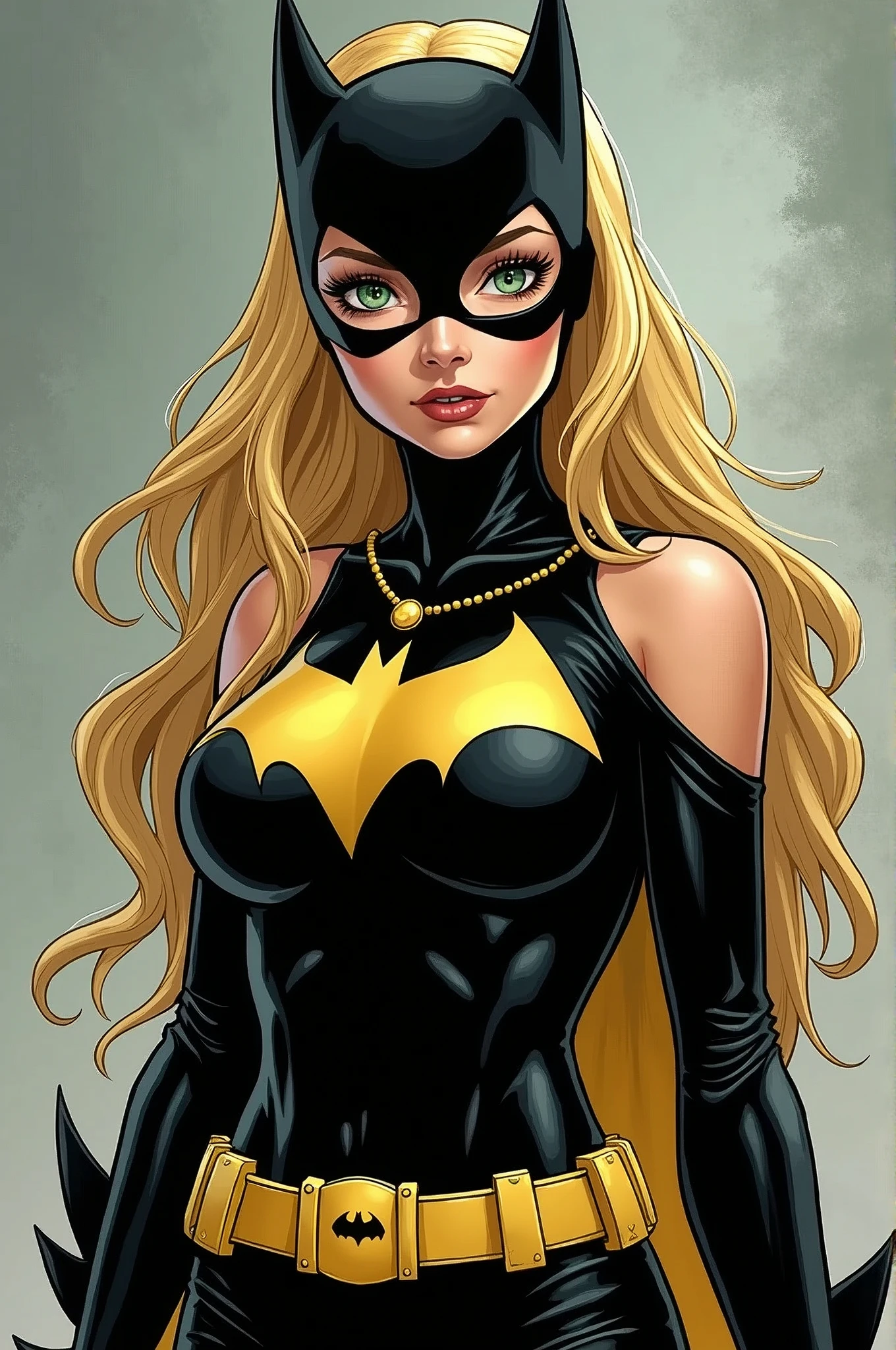 Batgirl from the batman comic, 1 girl in, 20 years, standing alone, long hair, Colossal, looking ahead at viewer, hair blonde, hair blonde, bare shoulders, green eyes, jewelry, all-body, a necklace, off the shoulders, Sweaters, realistic, A sexy, big boobies, batgirl superheroes full clothes, black and white