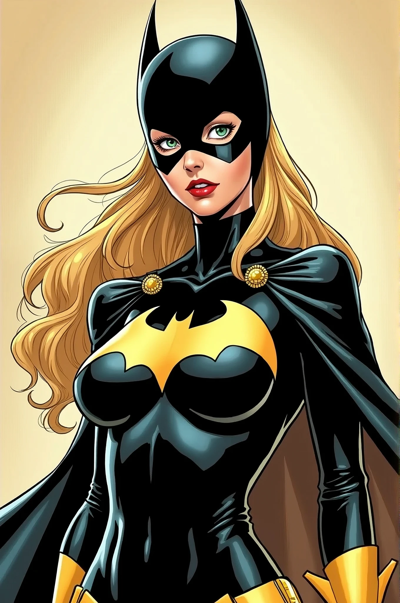 Batgirl from the batman comic, 1 girl in, 20 years, standing alone, long hair, Colossal, looking ahead at viewer, hair blonde, hair blonde, bare shoulders, green eyes, jewelry, all-body, a necklace, off the shoulders, Sweaters, realistic, A sexy, big boobies, batgirl superheroes full clothes, black and white