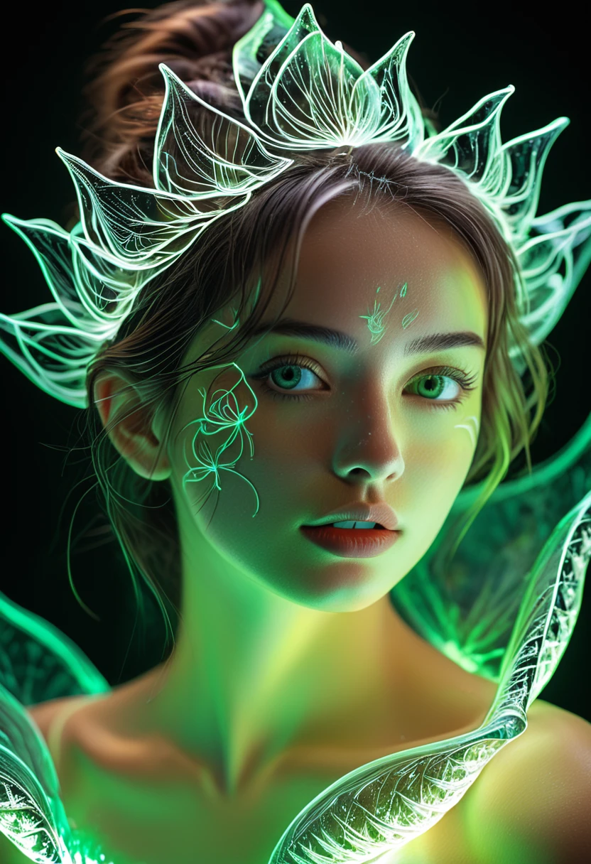high quality, 8K Ultra HD, Surreal portrait of a stunning woman.
high resolution, Very detailed, (1 girl:1.3),(lotus),Dynamic light wavesBREAKSunlight, reverberation, Experimental photography, Surreal contrasts, Eye-Catching Visuals, Artistic abstraction,
Breaking the art of cutting, Layered Outlines, Complex Mode, exquisite craft, shadow play, Depth and size, Creative Expression,
break art, Frozen sculpture, translucent形式, short-lived beauty, Crystal structure, exquisite craft, touching,
Breaking Green Eyes,Body Glow,glowing lines,Fluorescence,Glow Example,Sample trace,flash,萤Light Particles,Backlight,translucent,Light Particles