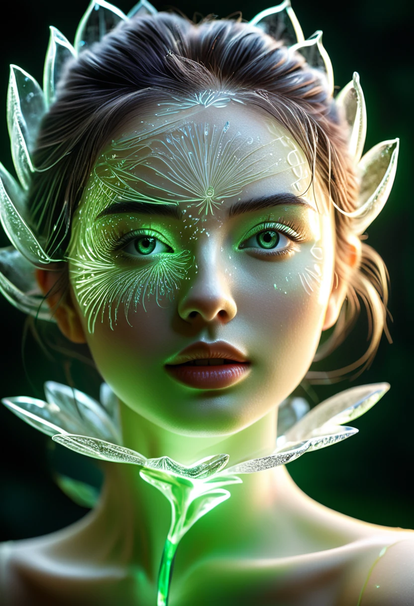 high quality, 8K Ultra HD, Surreal portrait of a stunning woman.
high resolution, Very detailed, (1 girl:1.3),（lotus），Dynamic light wavesBREAKSunlight, reverberation, Experimental photography, Surreal contrasts, Eye-Catching Visuals, Artistic abstraction,
Breaking the art of cutting, Layered Outlines, Complex Mode, exquisite craft, shadow play, Depth and size, Creative Expression,
break art, Frozen sculpture, translucent形式, short-lived beauty, Crystal structure, exquisite craft, touching,
Breaking Green Eyes,Body Glow，glowing lines，Fluorescence,Glow Example，Sample trace，flash，萤Light Particles，Backlight，translucent，Light Particles