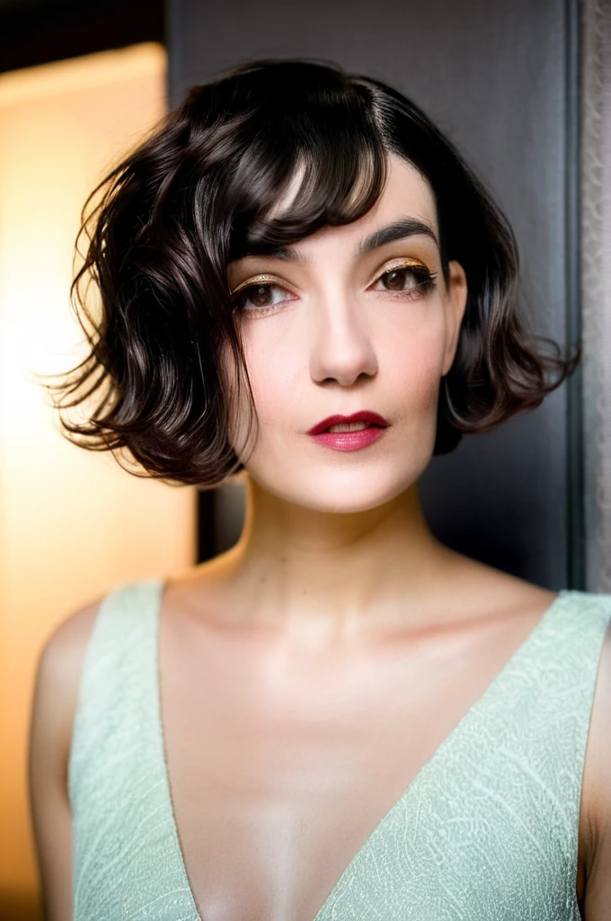 22 yrs Beautiful woman, ultra short french bob haircut, right hair part, side of head shaved, side shave, Flowing pastel sleeveless gown, (close-up, editorial photograph), [[Wide-angle photo]], (background inside dark, moody, private study:1.3), full body portrait, by lee jeffries, nikon d850, film stock photograph, 4 kodak portra 400, camera f1.6 lens, rich colors, hyper realistic, lifelike texture, dramatic lighting, velvia 50, eye contact, faint smile, wavy short french bob hair, 1920s hairstyle, short wavy hair, french bob, wavy pixie cut hair, wavy pixie hair, short black wavy hair, very short wavy hair, short french bob, bowlcut hair, shaved nape, shaved undercut, side shave, soft makeup, Dark Hazel eyes, Eye contact, pretty young woman in her 20's,
