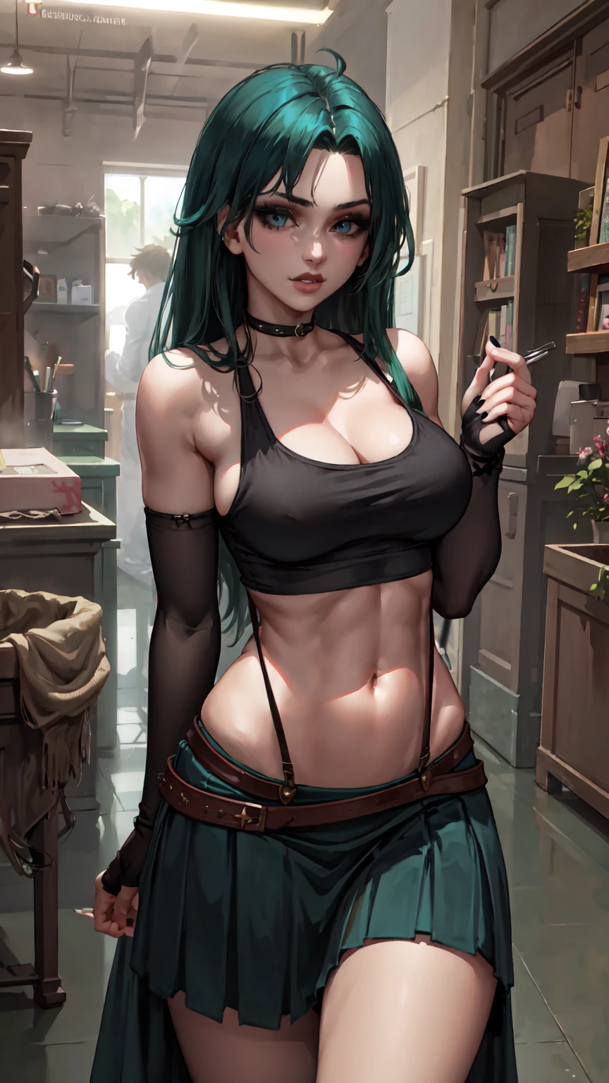 beautiful, (masterpiece:1.2), (best quality:1.2), perfect eyes, perfect face, perfect lighting, gothgirl, 1girl, mature adult woman, green hair, black skirt, breasts, crop top, fingernails, gloves, arms at side, large breasts, lips, long hair, midriff, nail polish, navel, on back, parted lips, blue eyes, skirt, solo, suspenders, (tank top), taut clothes, taut shirt, makeup, 