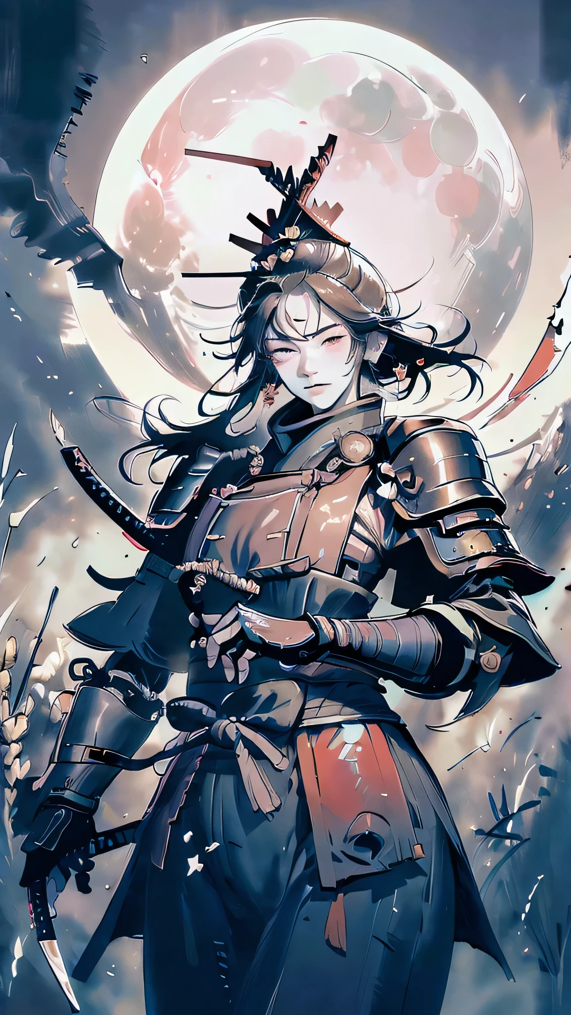 (((busty samurai, drawing katana, giant moon, wheat field, outnumbered))),(masterpiece), best quality, expressive eyes, perfect face, detailed face, detailed eyes, detailed clothes, detailed background, detailed lighting, intricate details, 4k, 8k, (dynamic pose:1.4), (dynamic angle:1.4), (brush strokes:1.5), ink sketch, monochrome, zydink, east asian architecture, helmet, japanese armor, SamuraiC, SamuraiPunkAI