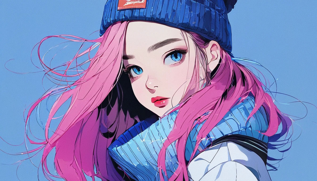 illustrator, anime , realistic ,sketch , 1 girl, ,lip, sweater,order, Blue gradient background, neon hair,Textured trim, Canadian, (masterpiece,Best quality) ganyou