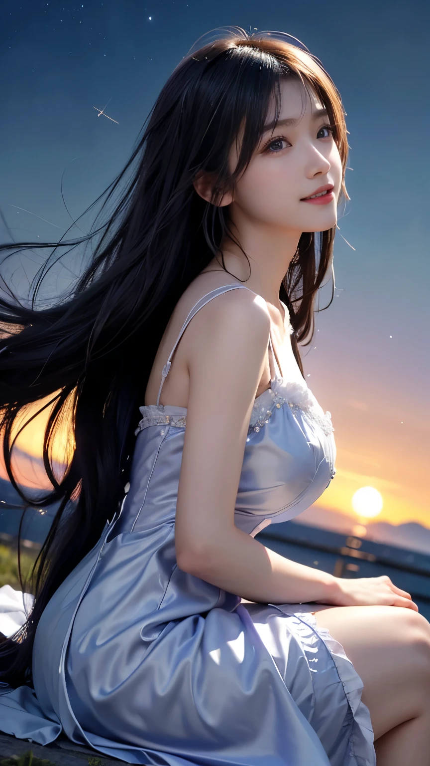 (logo、masterpiece、8k、Tabletop、RAW Photos、wonderful、最high quality、フォトリアルでVery detailedなCG合成8k壁紙、high quality、Very detailed、Narrative poem、Particle Effects、Dynamic Effects、Depth of the Boundary) What is written is、Cinematic Light、Lens flare、Ray Tracing)、Fantasy、(Purple Dress)、(night、night空、Starry Sky、full moon)、(Girl looking up at the sky)、sit、cute、Japanese style、(smile)、Long Hair、Strong winds、(Hair blowing in the wind)、(White Dress)、Natural light、moonlight、(Horizontal photography)、(breast enhancement)、(Low position)、(Low - Angle)