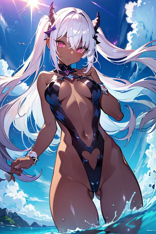 Arrogant look, embarrassed,
High resolution,Sharp focus,(Super detailed,Very detailed),(Very detailed CG unity 8k wallpaper),(((Vibrant colors))),{best illustration},
Iooikles,Platinum Blonde Hair,Twin tails, hair ornaments, (complete anatomy),
Complex eyes,Beautiful Eyes,Symmetrical eyes,Big eyes:1.5,Seductive eyes, (((dark skin,dark_skin,lustrous skin:1.5,bright skin: 1.5,
skin tanned, shiny skin,very shiny skin,Shiny body,plastic glitter, 
skin,exaggerated shiny skin,illuminated skin))),Perfect Fingers,
(Detailed body),(Detailed face)), cute,Lewd,erotic,Bold,Camel Toe,
small breasts,Revealing clothing,show skin,(Flying debris, 超High resolution),Wear an iridescent aura,
Invisible Light, Amazing shine, Neon orange glow, The colors of another world,Bright colors, Ghostly Effects,
wearing slingshot swimsuit,
Cumulonimbus,Surrounded by water, reflection,Breathtakingly beautiful clouds,Light,Dazzling Light,Cinematic Light.The wind is blowing,Vast ocean,
A long white pier stretching out into the sea,Coral Reef,The wind is blowing,
 stretch,  (The view is from very close below:1.5),