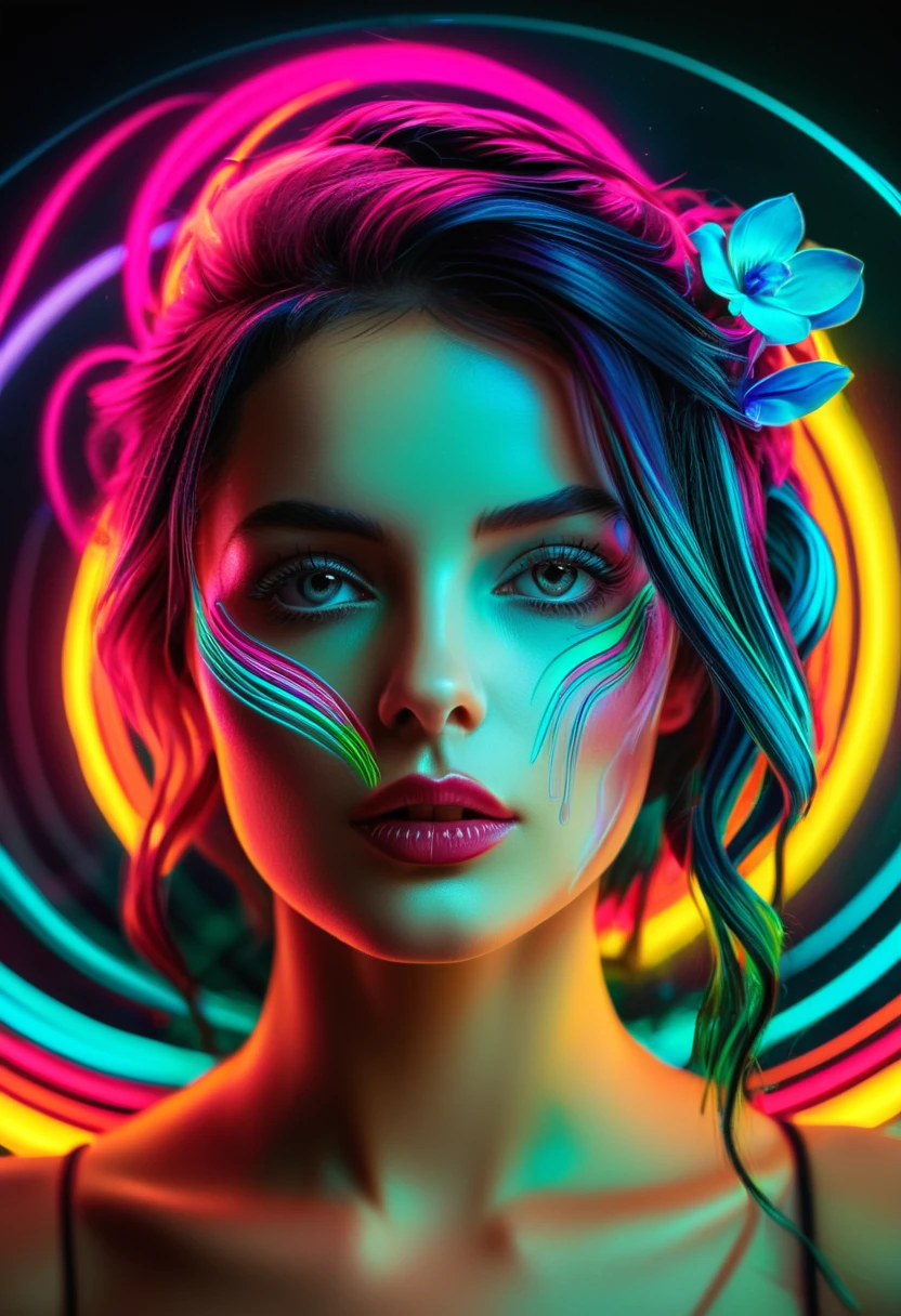 high quality, 8K Ultra HD, Surreal portrait of a stunning woman.
Real exposure, Beautiful woman, Use double exposure style, Neon Art Nouveau, Long-term contact, Italian futurism, Hidden Objects Pictures, Layered lines, Neon Punk, Chiaroscuro, best quality, masterpiece, high resolution, absurd, incredibly absurd, Huge file size, wallpaper, rich and colorful,8K,RAW photos