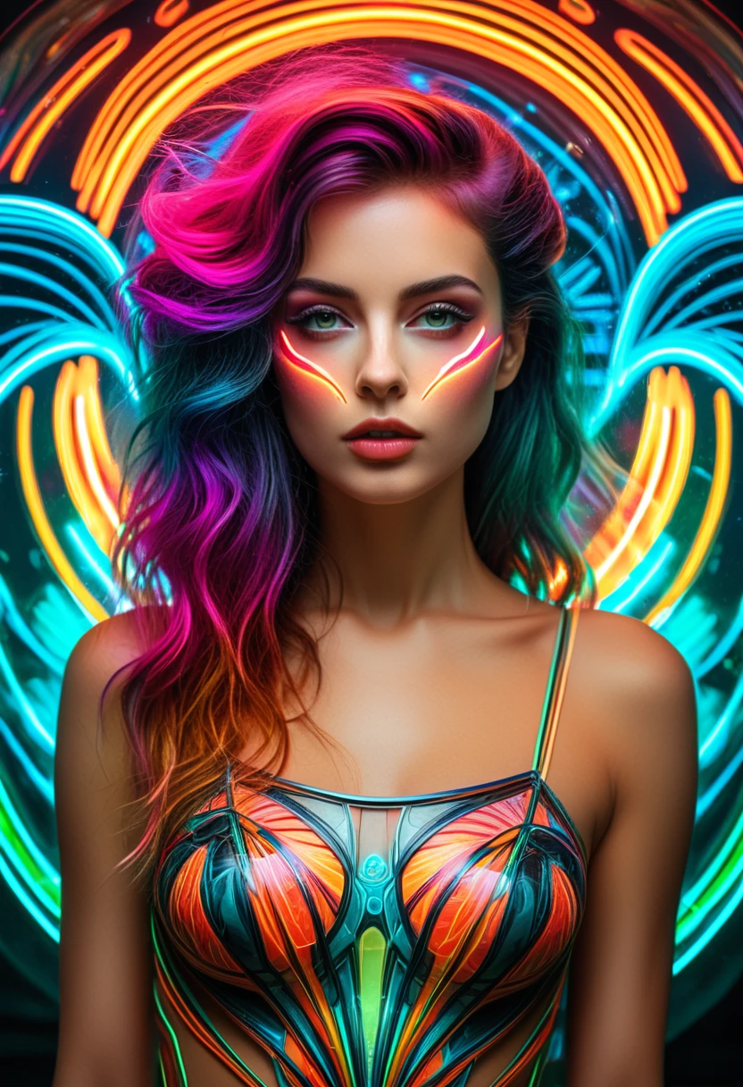 high quality, 8K Ultra HD, Surreal portrait of a stunning woman.
Real exposure, Beautiful woman, Use double exposure style, Neon Art Nouveau, Long-term contact, Italian futurism, Hidden Objects Pictures, Layered lines, Neon Punk, Chiaroscuro, best quality, masterpiece, high resolution, absurd, incredibly absurd, Huge file size, wallpaper, rich and colorful,8K,RAW photos