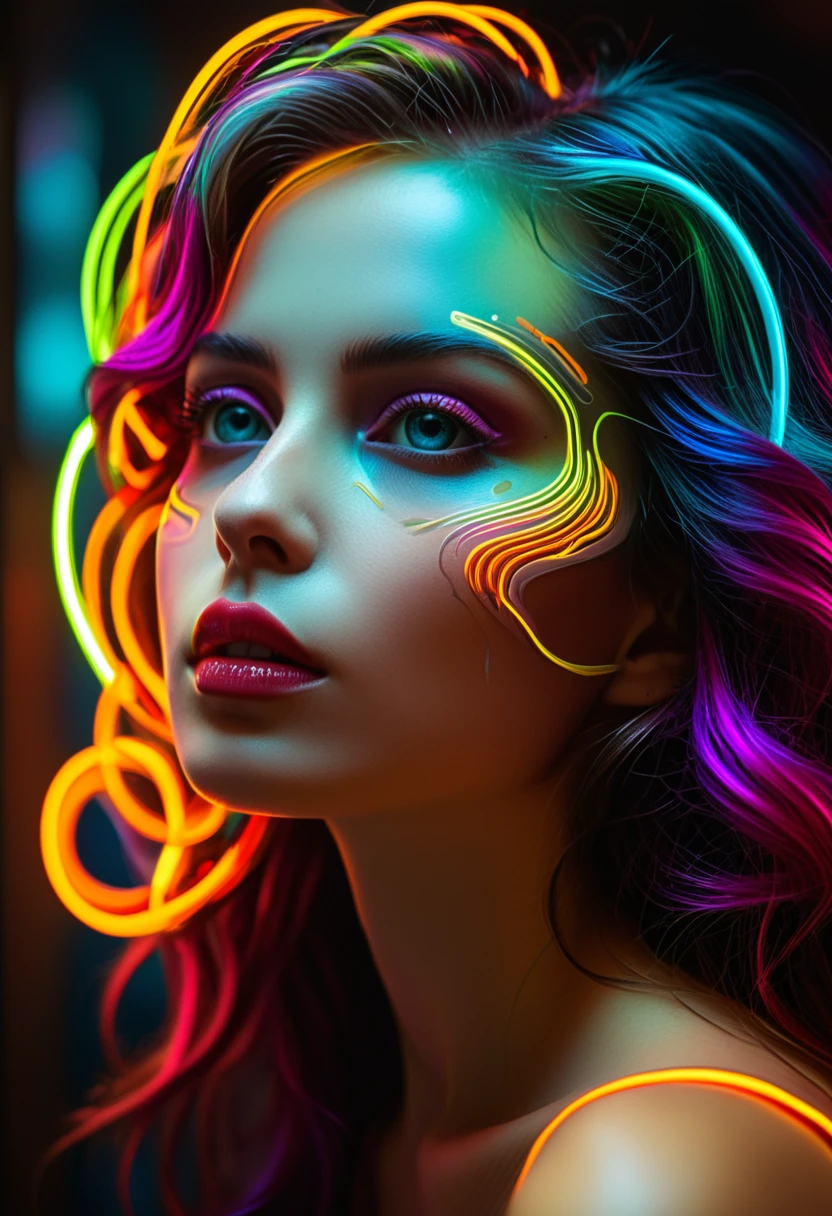 high quality, 8K Ultra HD, Surreal portrait of a stunning woman.
Real exposure, Beautiful woman, Use double exposure style, Neon Art Nouveau, Long-term contact, Italian futurism, Hidden Objects Pictures, Layered lines, Neon Punk, Chiaroscuro, best quality, masterpiece, high resolution, absurd, incredibly absurd, Huge file size, wallpaper, rich and colorful,8K,RAW photos