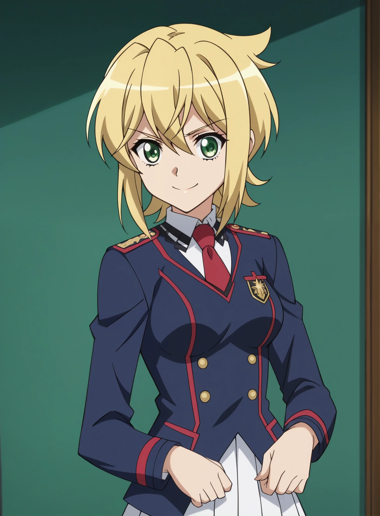 , score_9, score_8_superior, score_7_superior, score_6_superior, score_5_superior, score_4_superior, Break Source_anime, masterpiece , anime screencap, Kirigo Akatsuki, Blonde, One girl, alone, Green Eyes, View your viewers, Medium breast uniform, Pleated skirt, white_shirt, Red tie smile v, No sleeve,