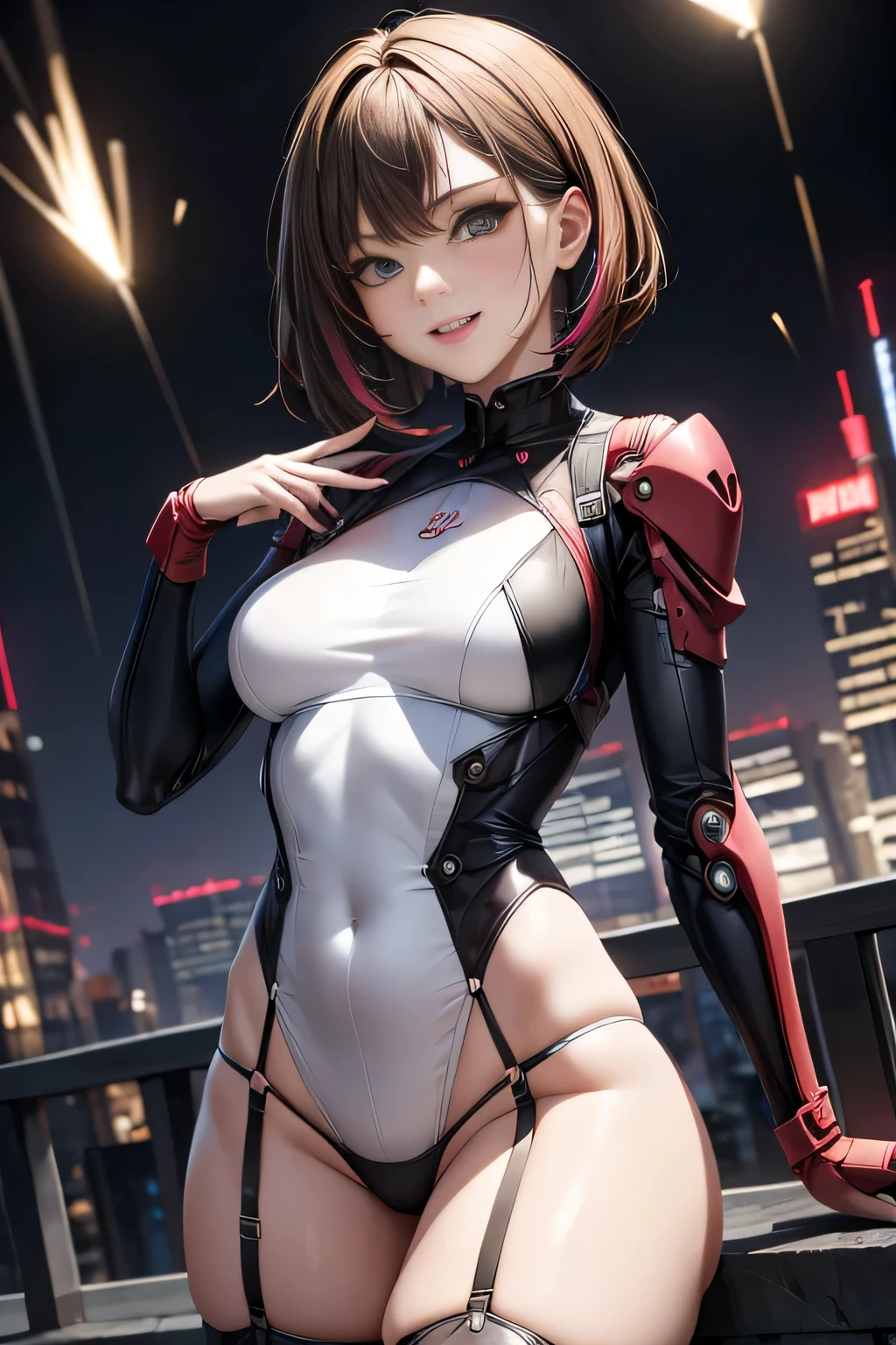 Highest quality, masterpiece, The finer details, Very delicate 8k wallpaper, (1 Beautiful Machine Woman), (Beautiful Eyes), Long eyelashes, Compensate, Short Hair, Pink Lips, Five mechanical finger joints, Mechanical Hand, Mechanical legs: 1.1), colorful, (Flying sparks), (Exoskeleton Leotard), garter belt, (Exposed lower chest, Exposed thighs: 1.2), (Neck and shoulders connected by power supply and many colorful cables:1.5), (Mechanical Harrow), Cyberpunk City, Sitting