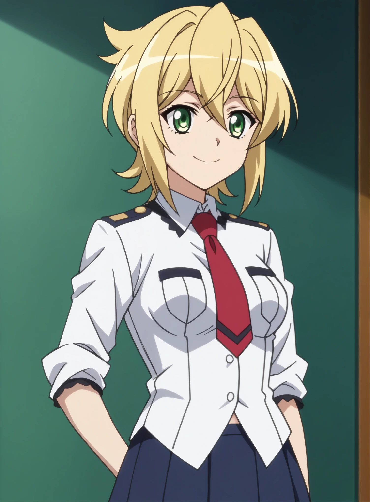 , score_9, score_8_superior, score_7_superior, score_6_superior, score_5_superior, score_4_superior, Break Source_anime, masterpiece , anime screencap, Kirigo Akatsuki, Blonde, One girl, alone, Green Eyes, View your viewers, Medium breast uniform, Pleated skirt, white_shirt, Red tie smile v, No sleeve,