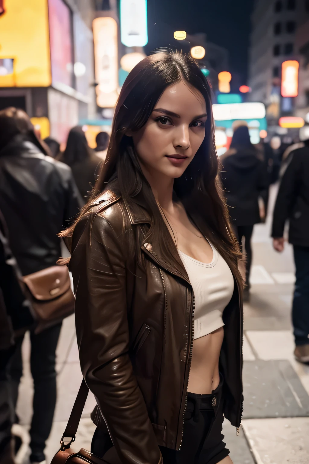 VictoriaPfifer, 27 years old, pale skin, fit body, cinematic photo, long hair, solo, looking at viewer, MakeUp, A stunning intricate full color portrait of a beautiful woman wearing a red leather jacket with skinny jeans,on a crowded street in New York during rush hour,shy, epic character composition,by ilya kuvshinov, alessio albi, nina masic,sharp focus, subsurface scattering, f2, 35mm, film grain ,sexy smile,, . 35mm photograph, film, bokeh, professional, 4k, highly detailed, masterpiece, best quality, ultra-detailed, smoke, contrast, analog style (look at viewer:1.2) (skin texture) (film grain:1.2), (warm hue, warm tone) :1.1), close up, cinematic light, sidelighting, ultra high res, RAW.
