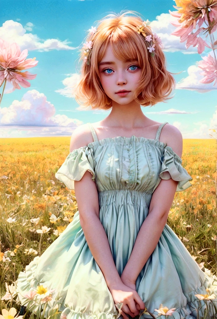 Beautiful woman standing in a flower field wearing a short dress_Fine details of delicate features, orange blonde short hair_Delicate explanation, Colorful and rich fantasy clothing, bright and soft colors, chassis, Colorful pastels, cute colorful lovely, vivid fantasy style, soft and cute colors, Bright pastel colors, Zia, Bright pastel colorss, sakimichan hdri, gradient pastel green, Vibrant pastel colors, blue sky, white cumulus clouds, (masterpiece, best quality:1.2), 1 girl, , big eyes, fluffy hair, happiness, grassland, Green style background，