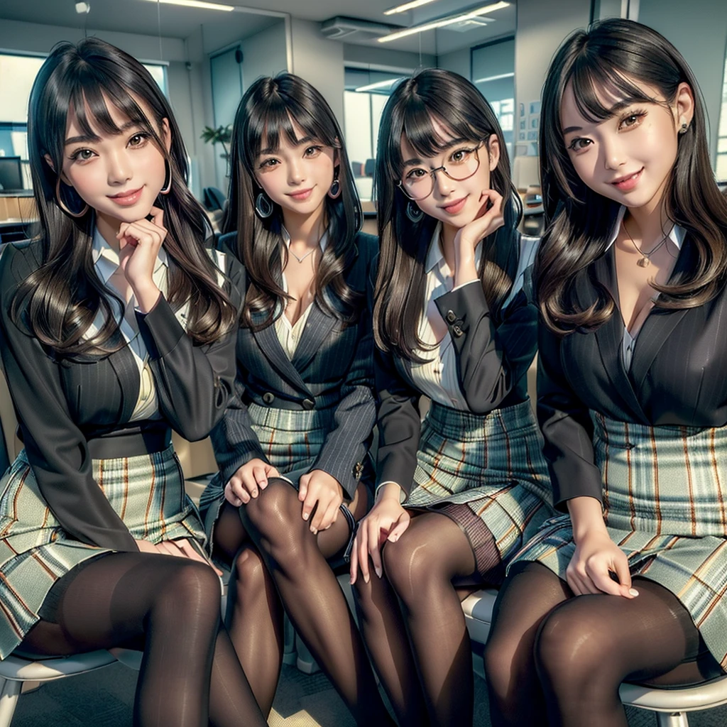 (best quality, masterpiece:1.5), (ultra-detailed, realistic:1.37),4K,(4girls:1.5),japanese,cute,beautiful,(striped office suits:1.3),(tight skirt),(black pantyhose:1.2),smile,