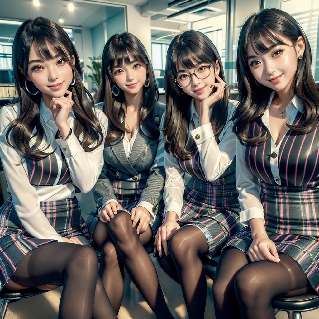 (best quality, masterpiece:1.5), (ultra-detailed, realistic:1.37),4K,(4girls:1.5),japanese,cute,beautiful,(striped office suits:1.3),(tight skirt),(black pantyhose:1.2),smile,