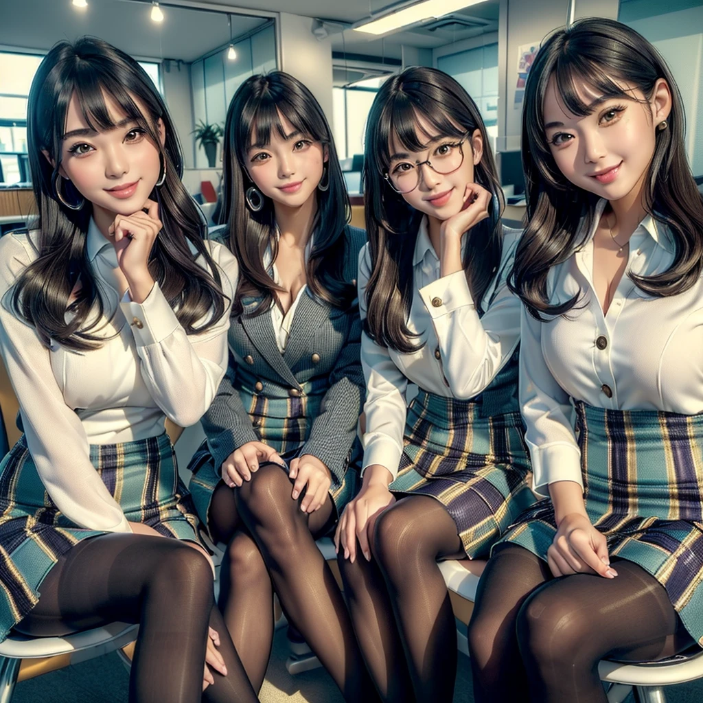 (best quality, masterpiece:1.5), (ultra-detailed, realistic:1.37),4K,(4girls:1.5),japanese,cute,beautiful,(striped office suits:1.3),(tight skirt),(black pantyhose:1.2),smile,