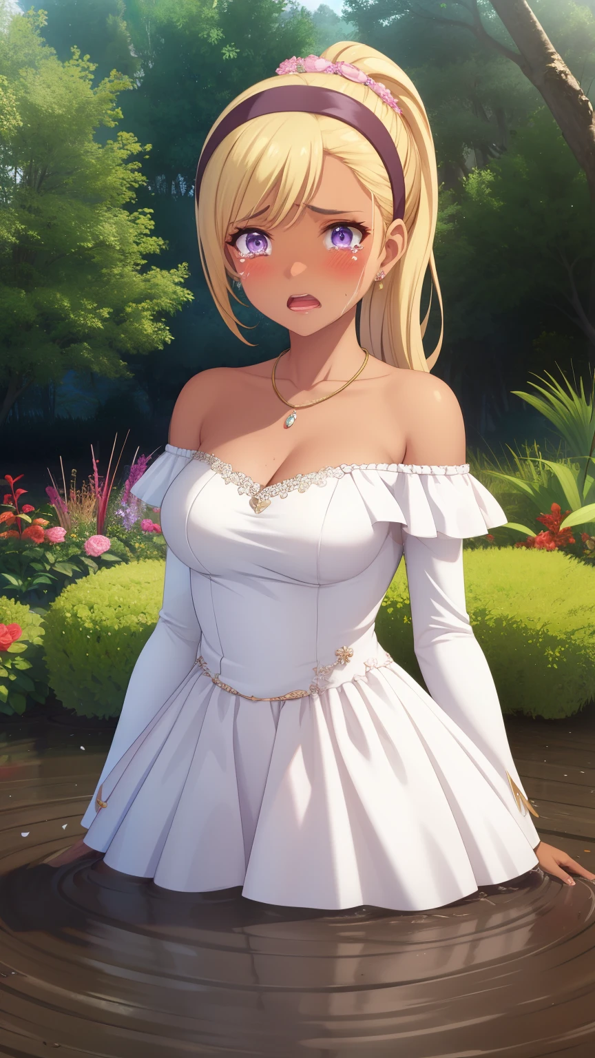 QUITTERIE RAFFAELI, LONG HAIR, BLONDE HAIR, ponytail, PURPLE EYES, HAIRBAND, DARK SKIN, DARK-SKINNED girl, JEWELRY, EARRINGS, 1girl, solo, masterpiece, illustration, game CG, absurdres, highly detailed, blush, glossy lips, wedding dress, off the shoulder, necklace, upset, tears in her eyes, garden, (sinking in mud)