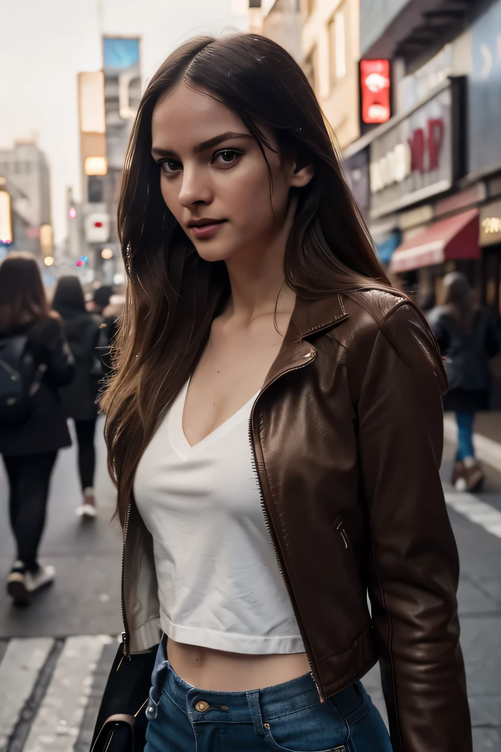 VictoriaPfifer, 27 years old, pale skin, fit body, cinematic photo, long hair, solo, looking at viewer, MakeUp, A stunning intricate full color portrait of a beautiful woman wearing a red leather jacket with skinny jeans,on a crowded street in New York during rush hour,shy, epic character composition,by ilya kuvshinov, alessio albi, nina masic,sharp focus, subsurface scattering, f2, 35mm, film grain ,sexy smile,, . 35mm photograph, film, bokeh, professional, 4k, highly detailed, masterpiece, best quality, ultra-detailed, smoke, contrast, analog style (look at viewer:1.2) (skin texture) (film grain:1.2), (warm hue, warm tone) :1.1), close up, cinematic light, sidelighting, ultra high res, RAW.

