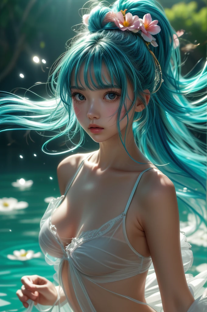 (masterpiece), (best quality), (ultra detailed), (disheveled hair), (illustration), (1girl), (transparent clothing), standing, Fashion model, looking at viewer, (no bra), (simple background), beautiful detailed eyes, delicate beautiful face, Floating, (high saturation), (colorful splashes), colorful bubble, (shining), whole body, ponytail, kamisato ayaka, light blue hair, bangs, hair ring, floating flowers, floating hairs, (shining), best lighting, best shadow, full body