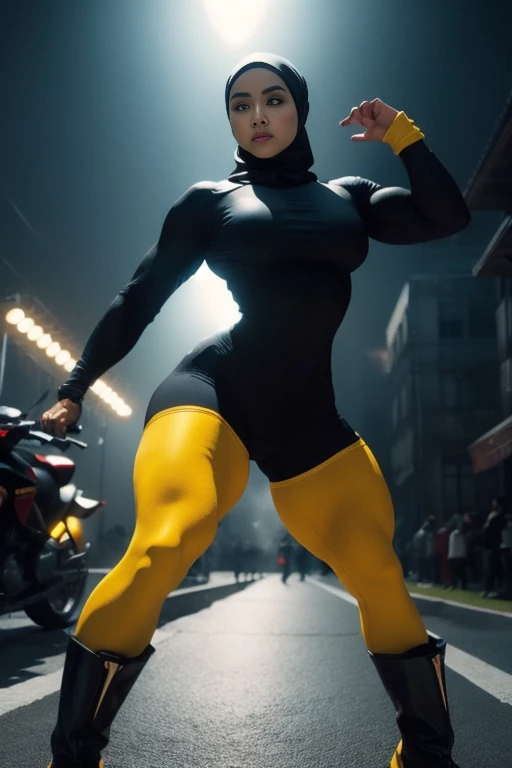 1 malay girl, solo, hijab, medium hijab, superhero, golden yellow and black leotard, leggings, high tight boots, wide hips, fighting action pose, damage city backdrop, dramatic effect, a lot of smoke effect, cinematic, Super 8mm lense, Low angle shot, bright color grading, depth of field cinematography, western film style, high quality, ultra detail, 8k resolution