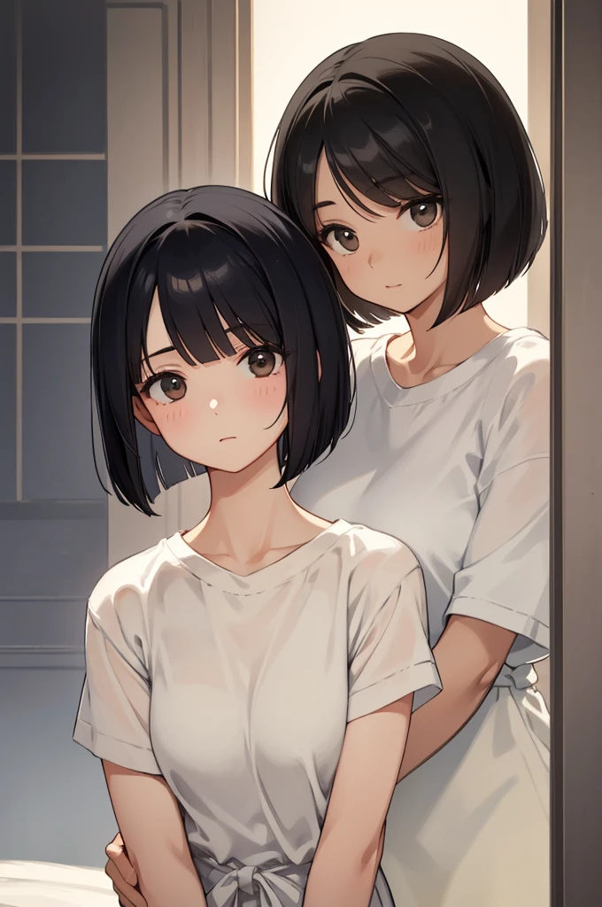 masterpiece, absurdres, best qualitiy, high detail, kabedon, 1girl, mature, blush, medium breasts, (black short hair), brown eyes, adult woman, Athletic field, open mouth, white soccer uniform, being held down by a second girl with long light brown hair, green eyes, white soccer uniform, mature, adult woman, kabedon