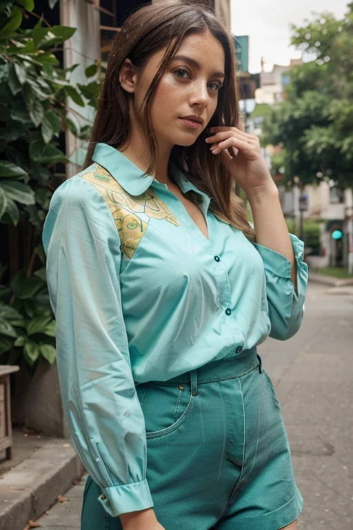 Aqua green blouse with mustard butterflies